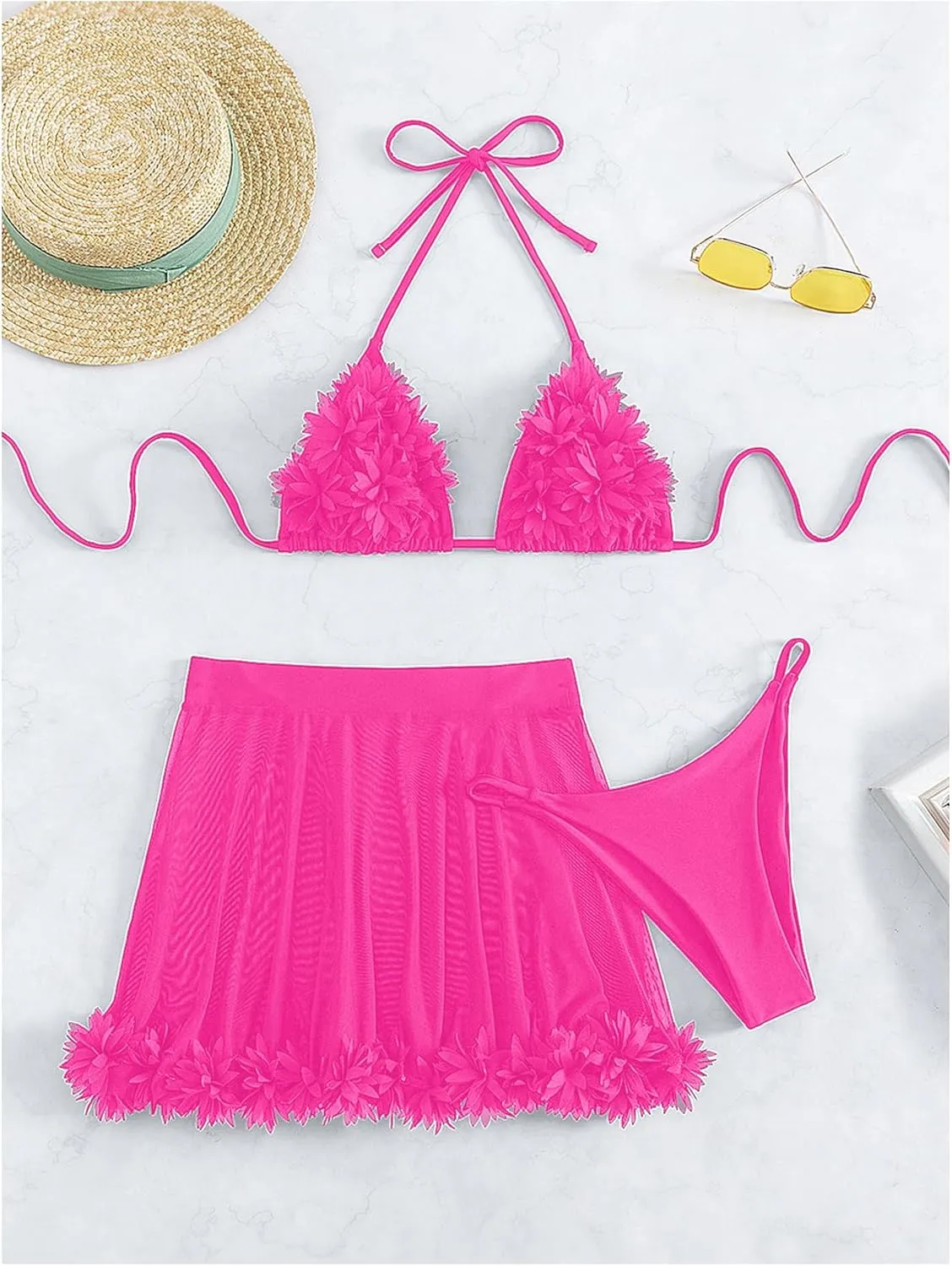 OYOANGLE Women's 3 Pieces Swimsuit Halter Triangle Bikini Swimsuit with Mesh Beach Skirt Cover Up