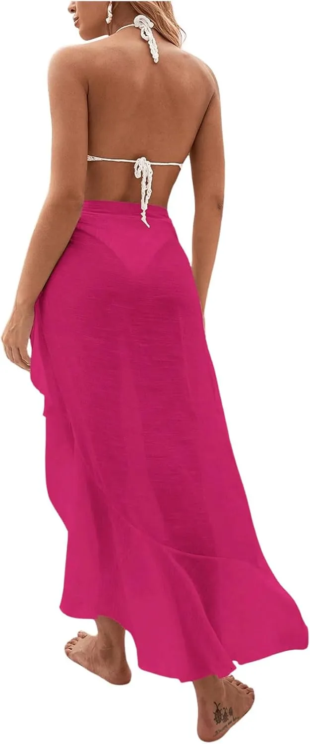 OYOANGLE Women's Mesh Sheer Swimsuit Cover Up Ruffle Tie Side Beach Sarong Wrap Long Skirt