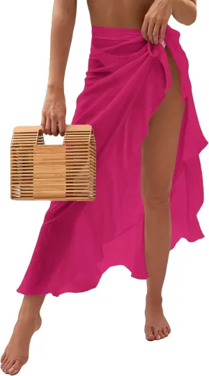 OYOANGLE Women's Mesh Sheer Swimsuit Cover Up Ruffle Tie Side Beach Sarong Wrap Long Skirt