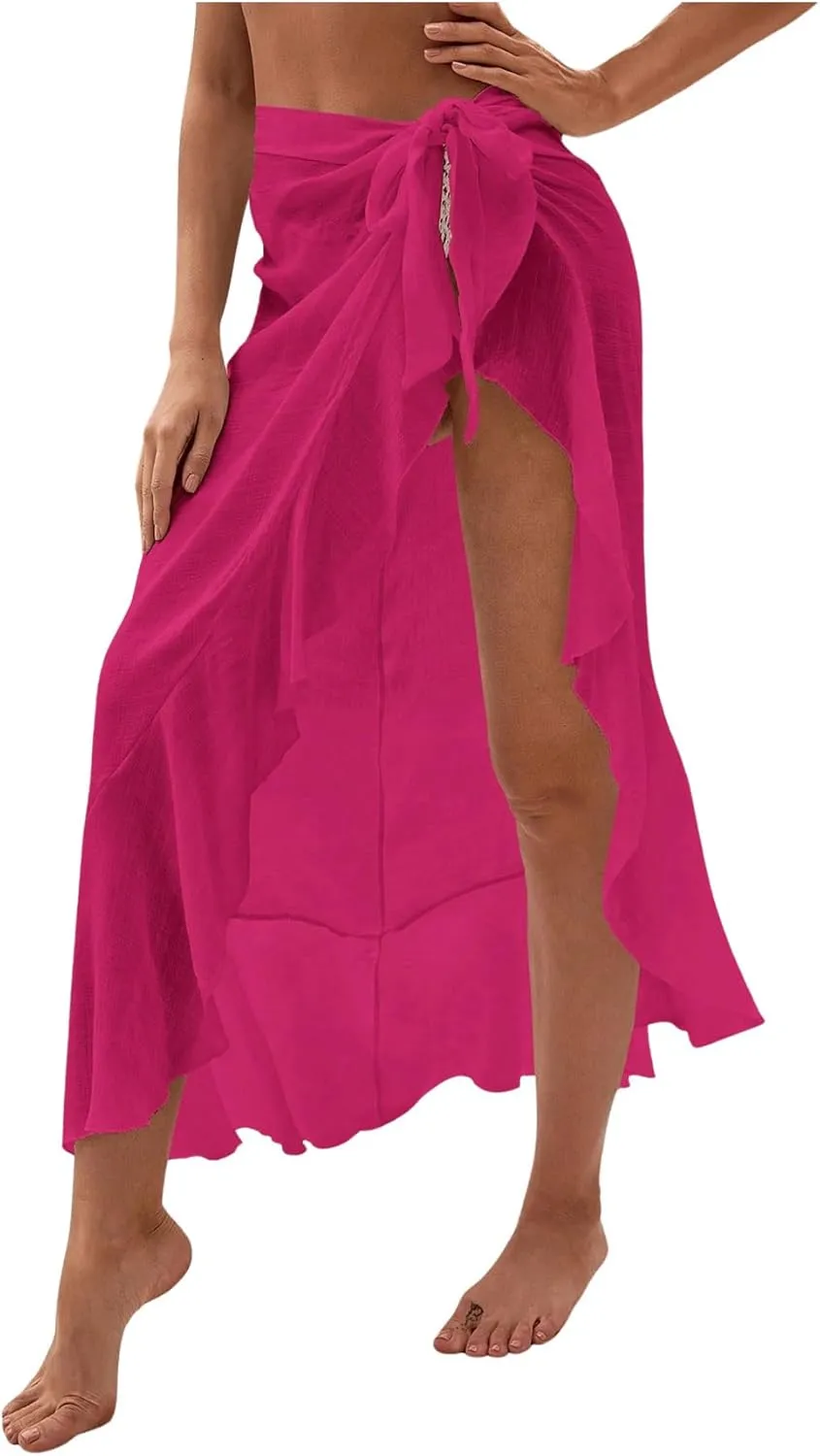 OYOANGLE Women's Mesh Sheer Swimsuit Cover Up Ruffle Tie Side Beach Sarong Wrap Long Skirt