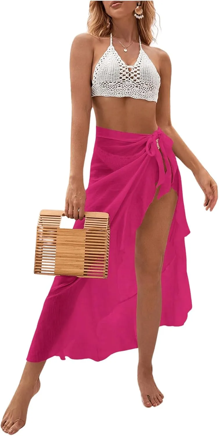 OYOANGLE Women's Mesh Sheer Swimsuit Cover Up Ruffle Tie Side Beach Sarong Wrap Long Skirt