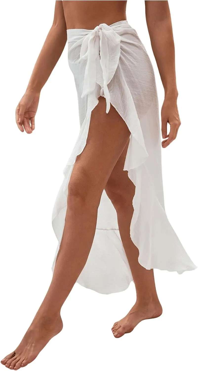 OYOANGLE Women's Mesh Sheer Swimsuit Cover Up Ruffle Tie Side Beach Sarong Wrap Long Skirt