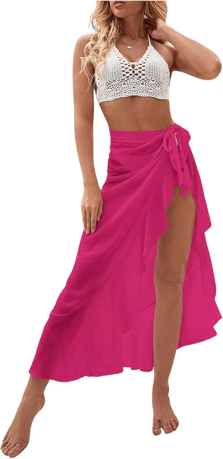 OYOANGLE Women's Mesh Sheer Swimsuit Cover Up Ruffle Tie Side Beach Sarong Wrap Long Skirt