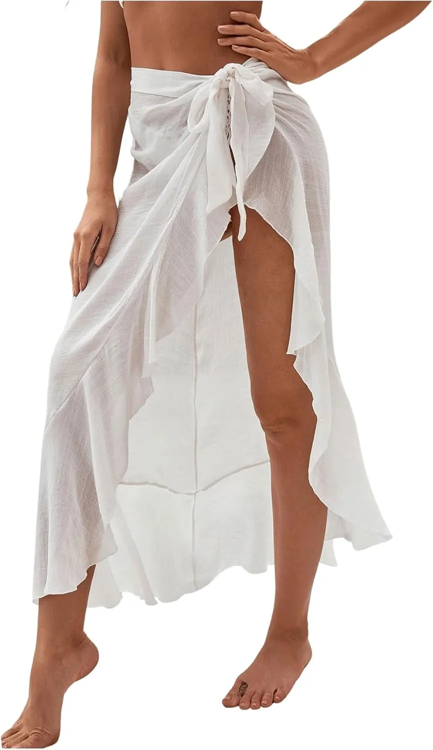 OYOANGLE Women's Mesh Sheer Swimsuit Cover Up Ruffle Tie Side Beach Sarong Wrap Long Skirt