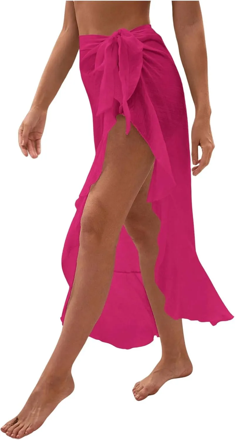 OYOANGLE Women's Mesh Sheer Swimsuit Cover Up Ruffle Tie Side Beach Sarong Wrap Long Skirt