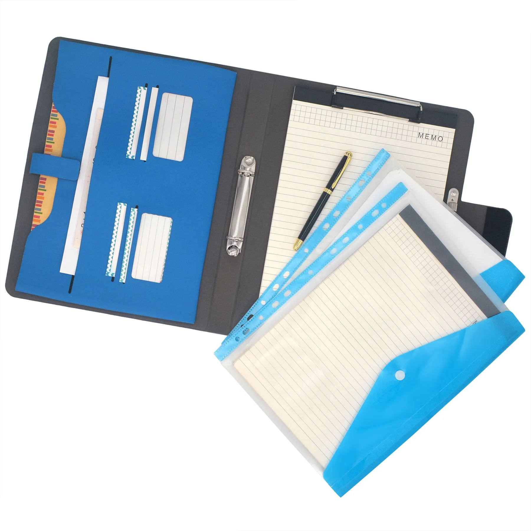 Padfolio Ring Binder with Expanded Document Bag, Organizer Portfolio Folder Case with 2-Ring Binder and Clipboard