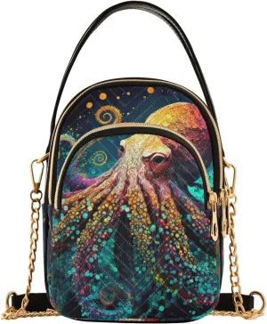 Painting Octopus Orange Crossbody Sling Bags for Women, Compact Fashion Handbag with Chain Strap Top handle for Evening Party Dating Travel
