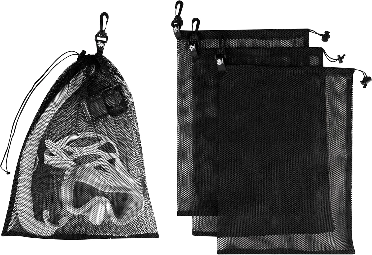 PALTERWEAR Mesh Drawstring Bag With Clip and Toggle Closure - For Camping, Outdoor, Shoes - Multi-Use Set of 4 (Black, 12 x 16 inch)