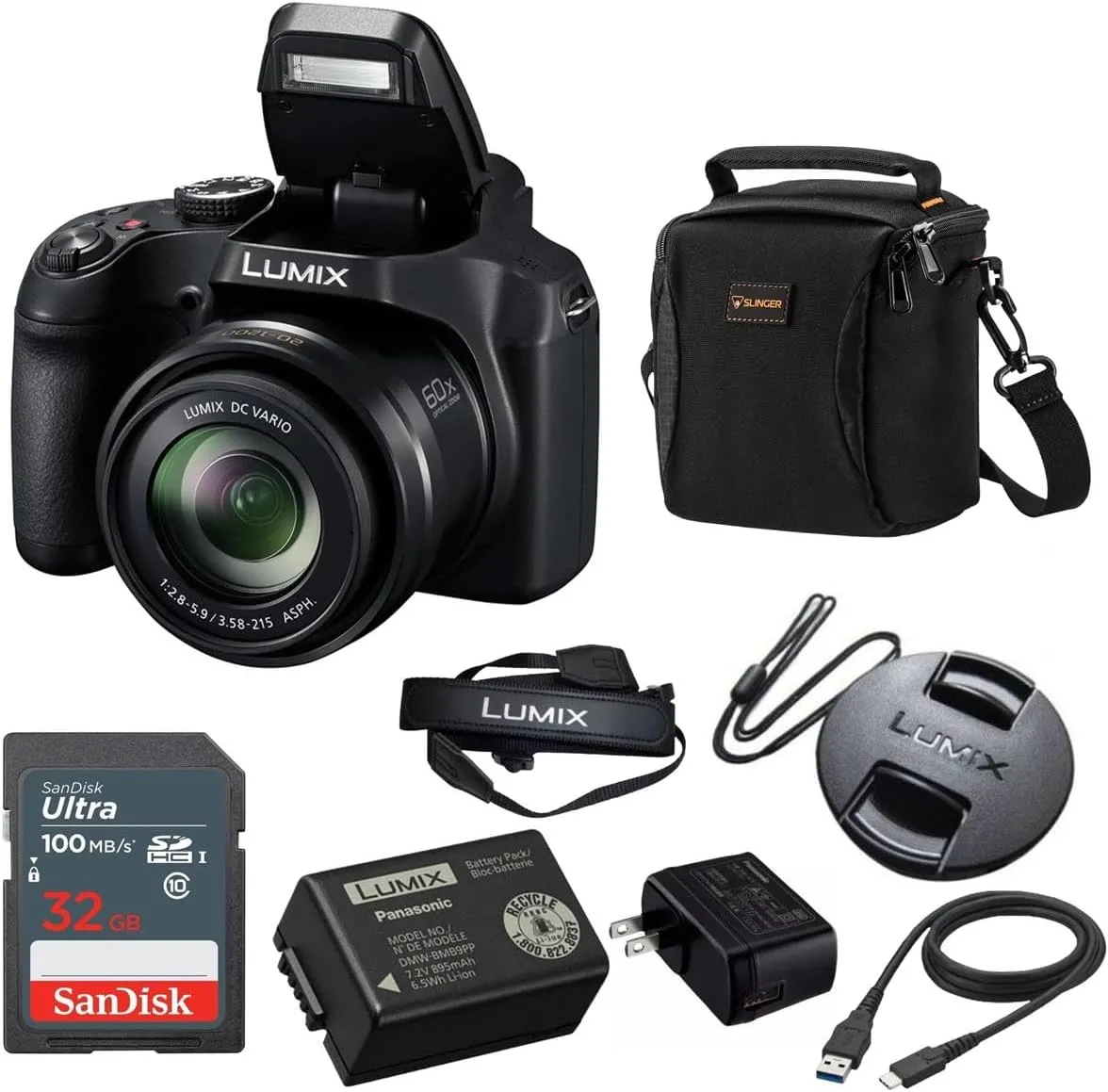 Panasonic LUMIX FZ80D 18.1MP Point & Shoot Digital Camera Bundle with Slinger Alpine 140 Multi-Device Shoulder Bag, SanDisk Ultra 32GB UHS-I SDHC Memory Card