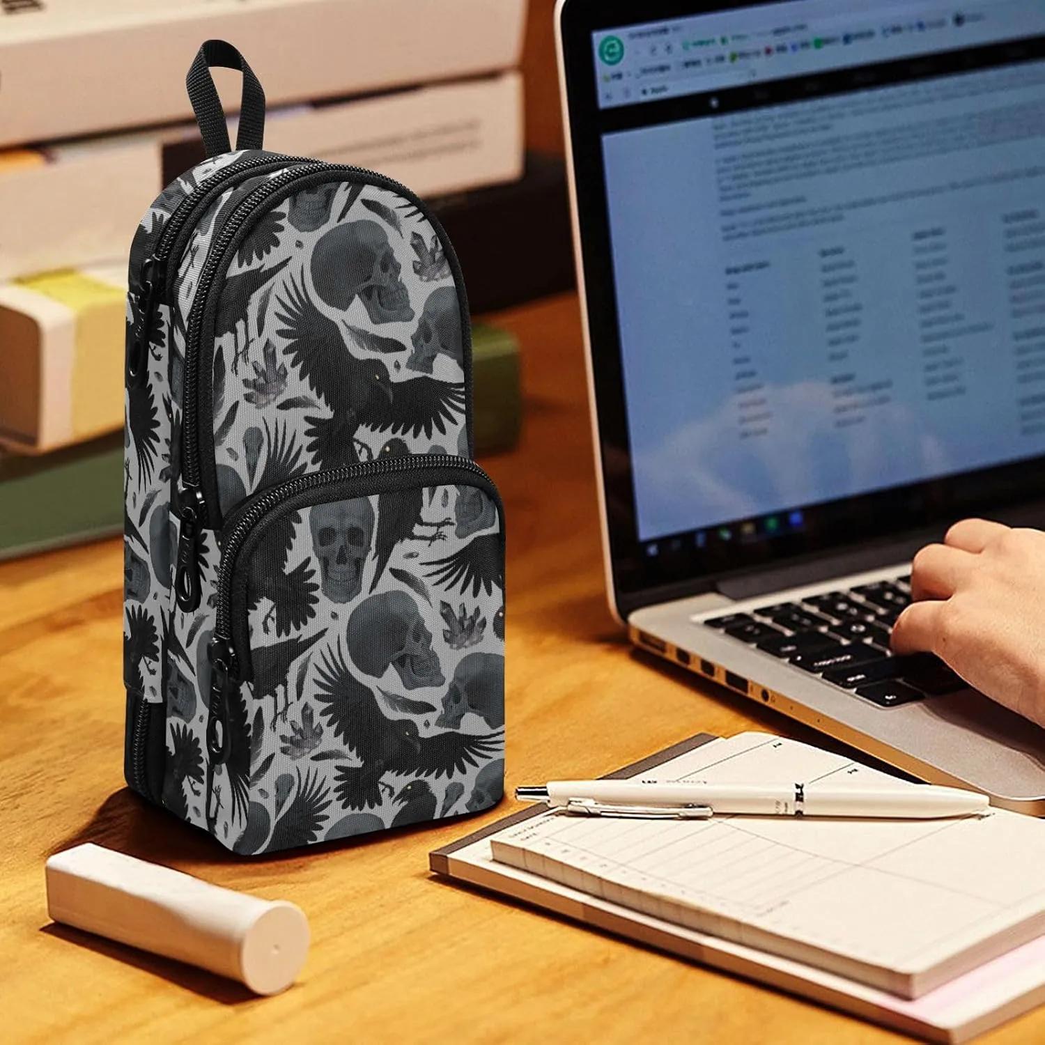 Pencil Case Big Capacity Gothic Crows Skulls Handheld Pencil Pouch Portable Large Storage Canvas Pencil Bag for Boys Girls Adults Students