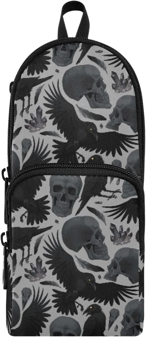 Pencil Case Big Capacity Gothic Crows Skulls Handheld Pencil Pouch Portable Large Storage Canvas Pencil Bag for Boys Girls Adults Students