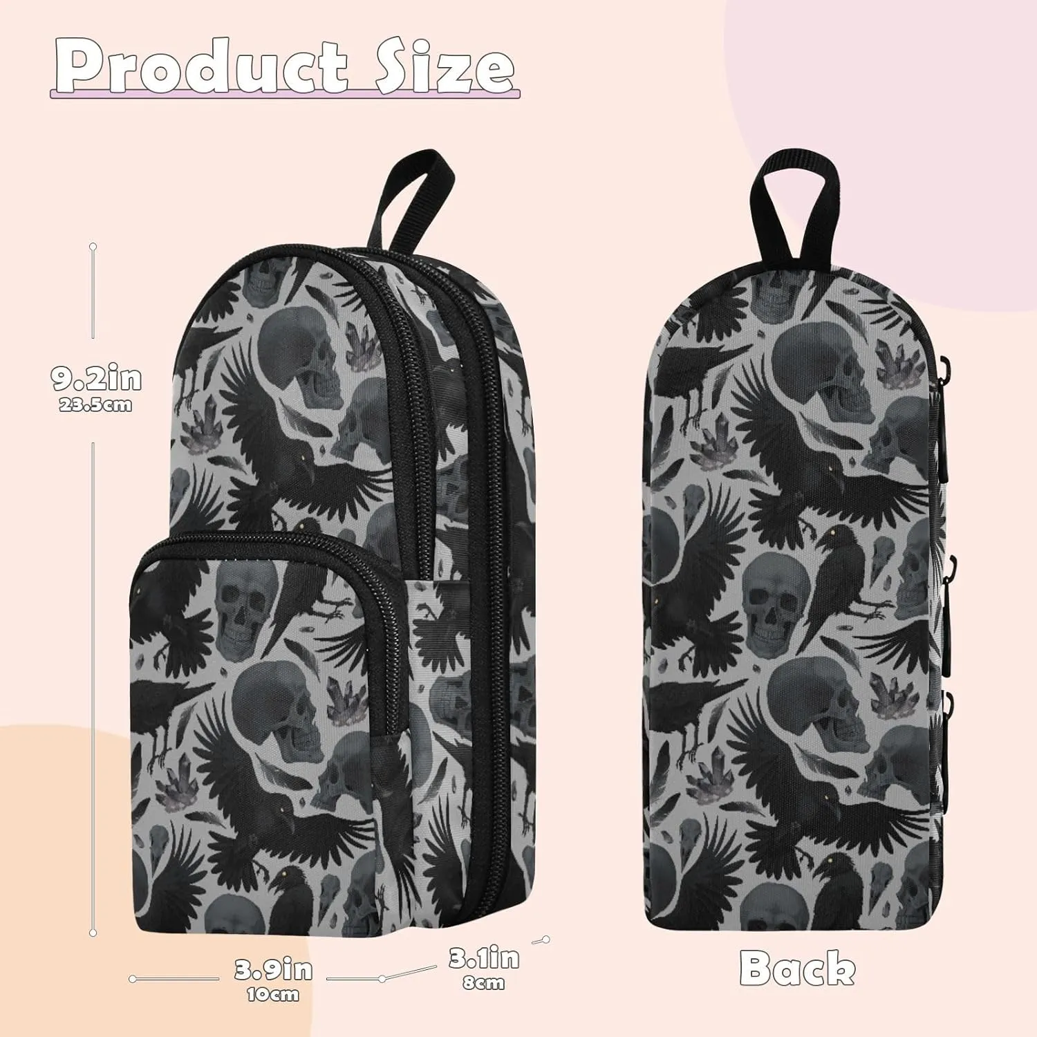 Pencil Case Big Capacity Gothic Crows Skulls Handheld Pencil Pouch Portable Large Storage Canvas Pencil Bag for Boys Girls Adults Students