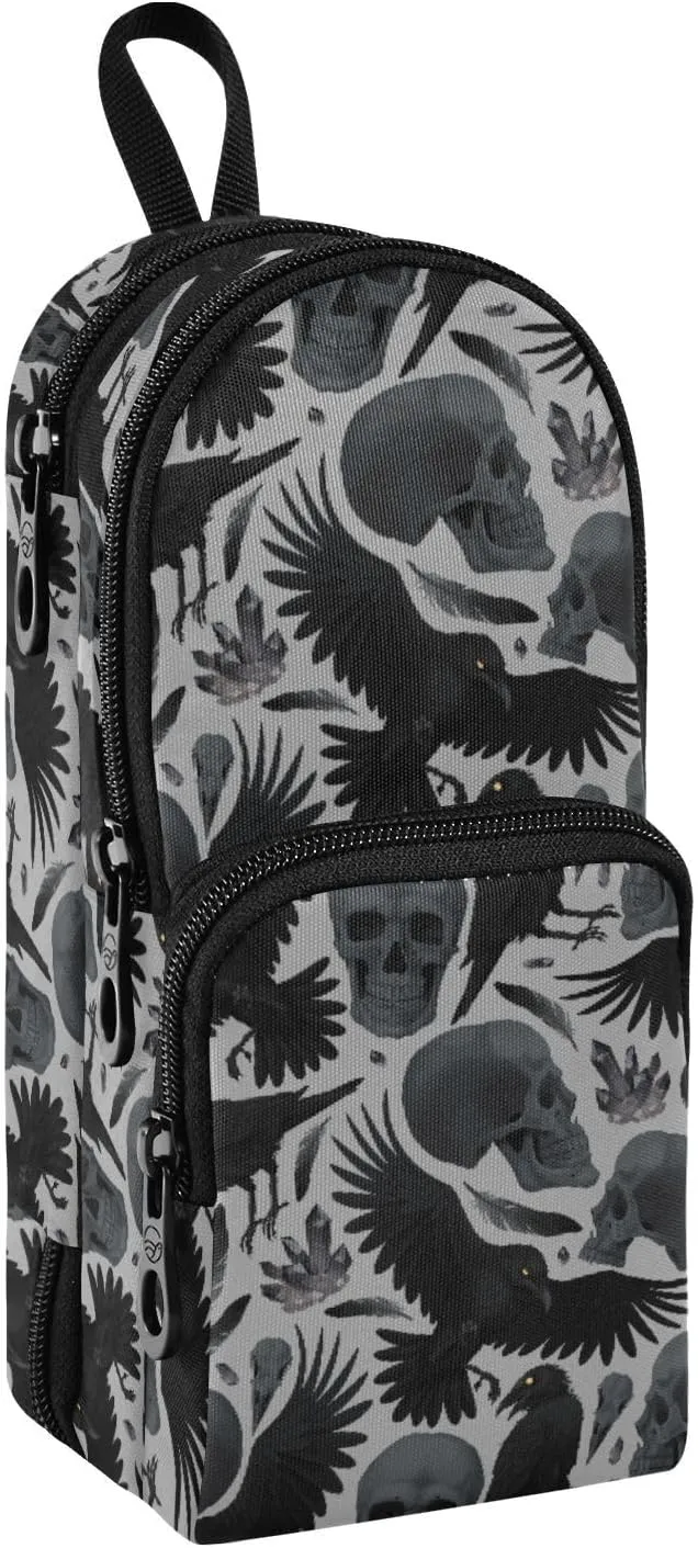 Pencil Case Big Capacity Gothic Crows Skulls Handheld Pencil Pouch Portable Large Storage Canvas Pencil Bag for Boys Girls Adults Students