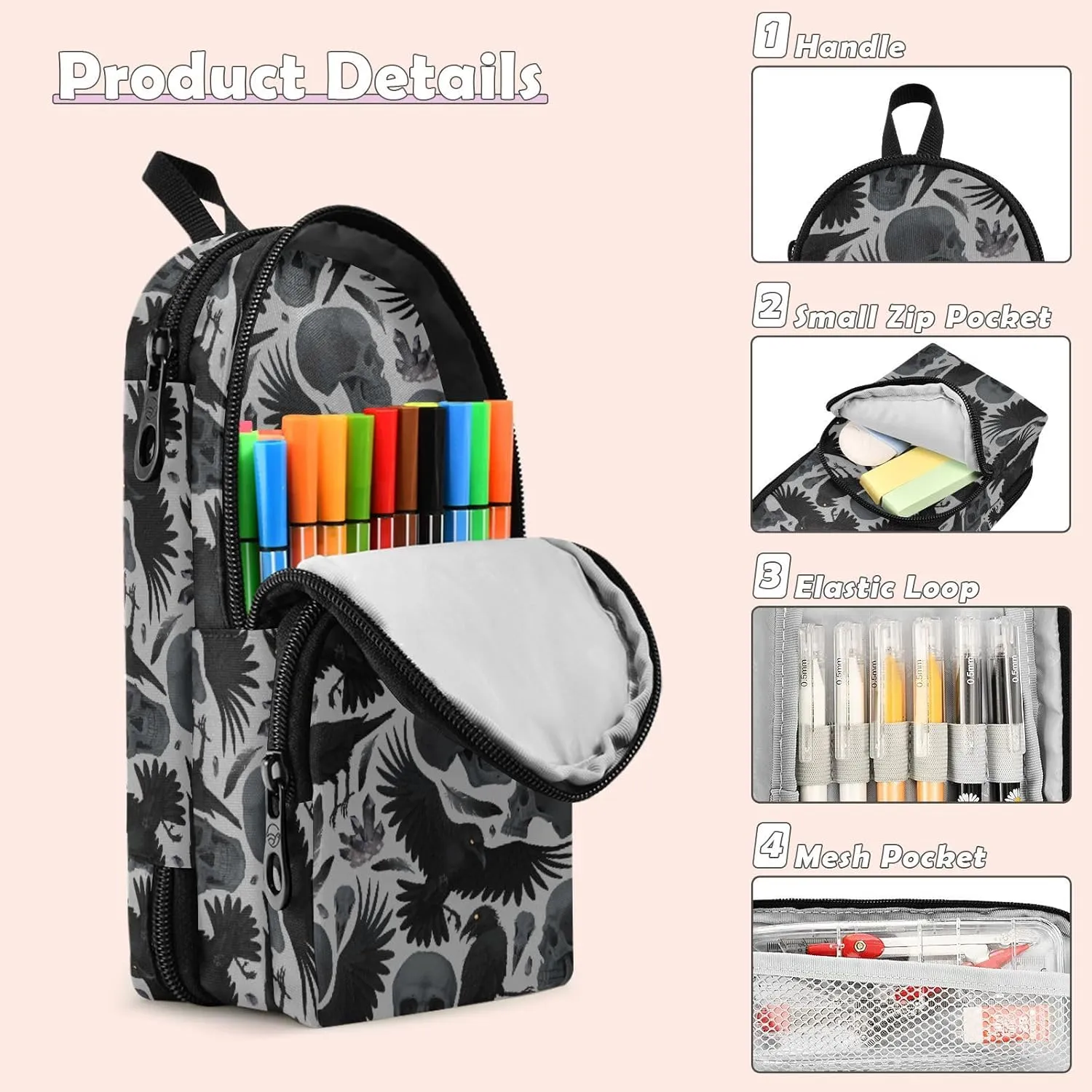 Pencil Case Big Capacity Gothic Crows Skulls Handheld Pencil Pouch Portable Large Storage Canvas Pencil Bag for Boys Girls Adults Students