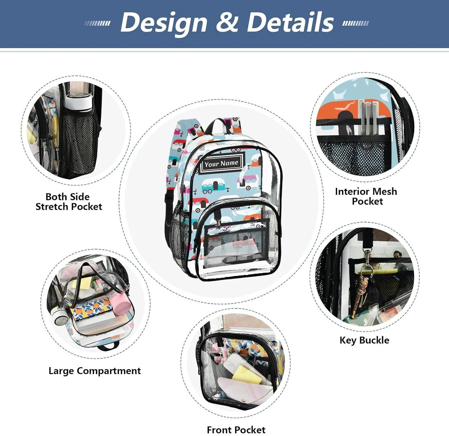 Personalized Clear Backpacks for Girls Boys Women Men Happy Camper Caravan Custom Name PVC Transparent Bookbag for Schools Stadium Concerts Work