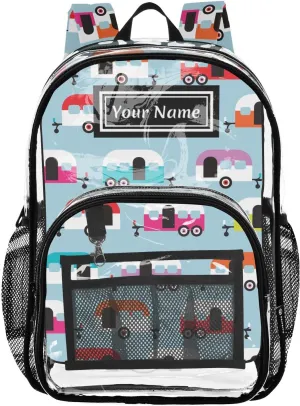 Personalized Clear Backpacks for Girls Boys Women Men Happy Camper Caravan Custom Name PVC Transparent Bookbag for Schools Stadium Concerts Work