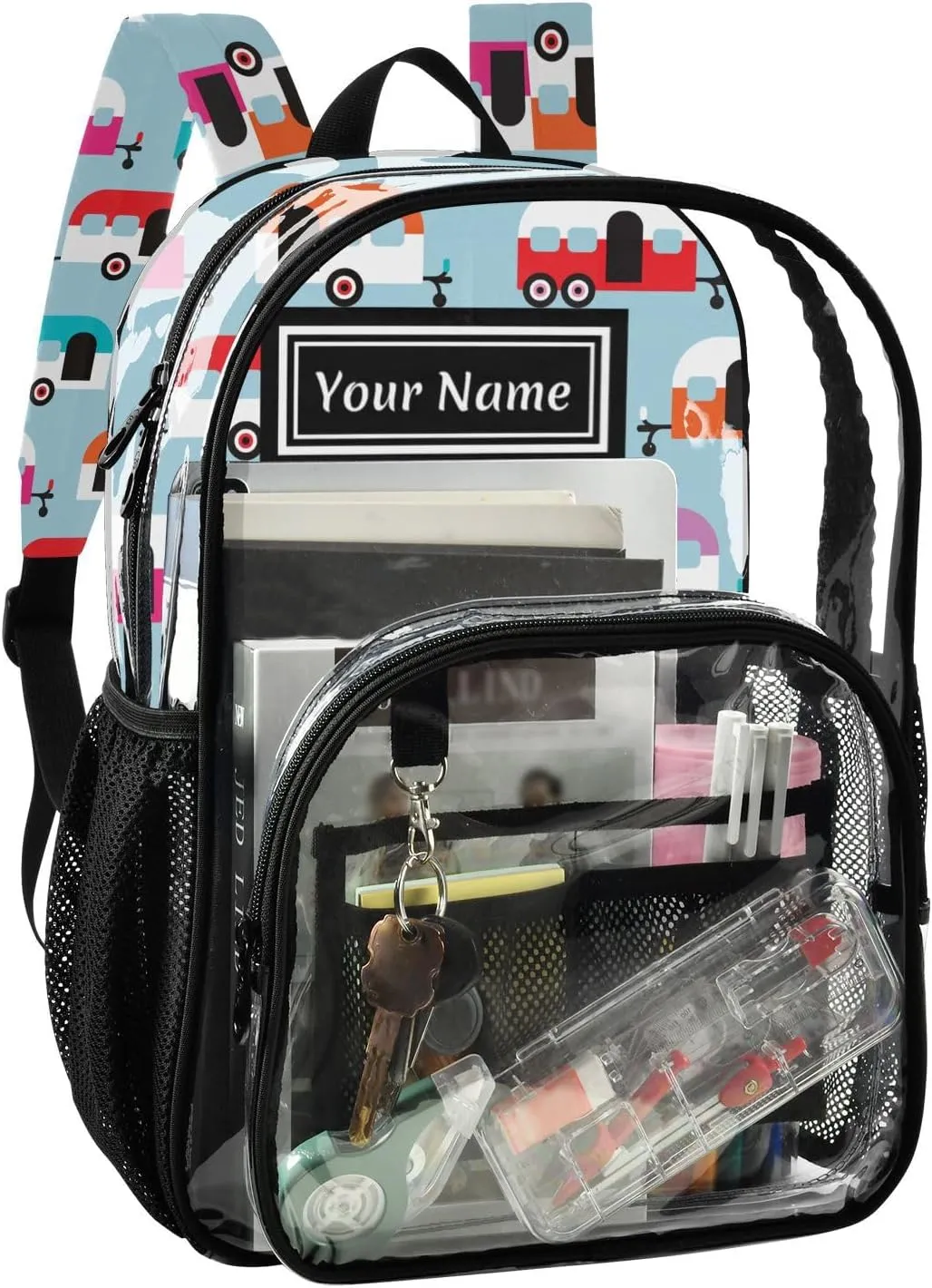 Personalized Clear Backpacks for Girls Boys Women Men Happy Camper Caravan Custom Name PVC Transparent Bookbag for Schools Stadium Concerts Work