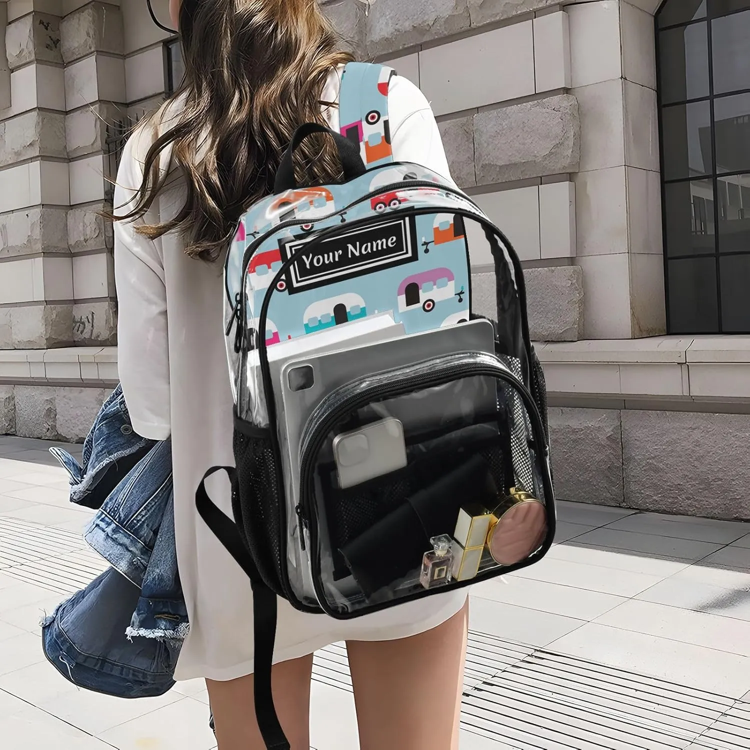Personalized Clear Backpacks for Girls Boys Women Men Happy Camper Caravan Custom Name PVC Transparent Bookbag for Schools Stadium Concerts Work