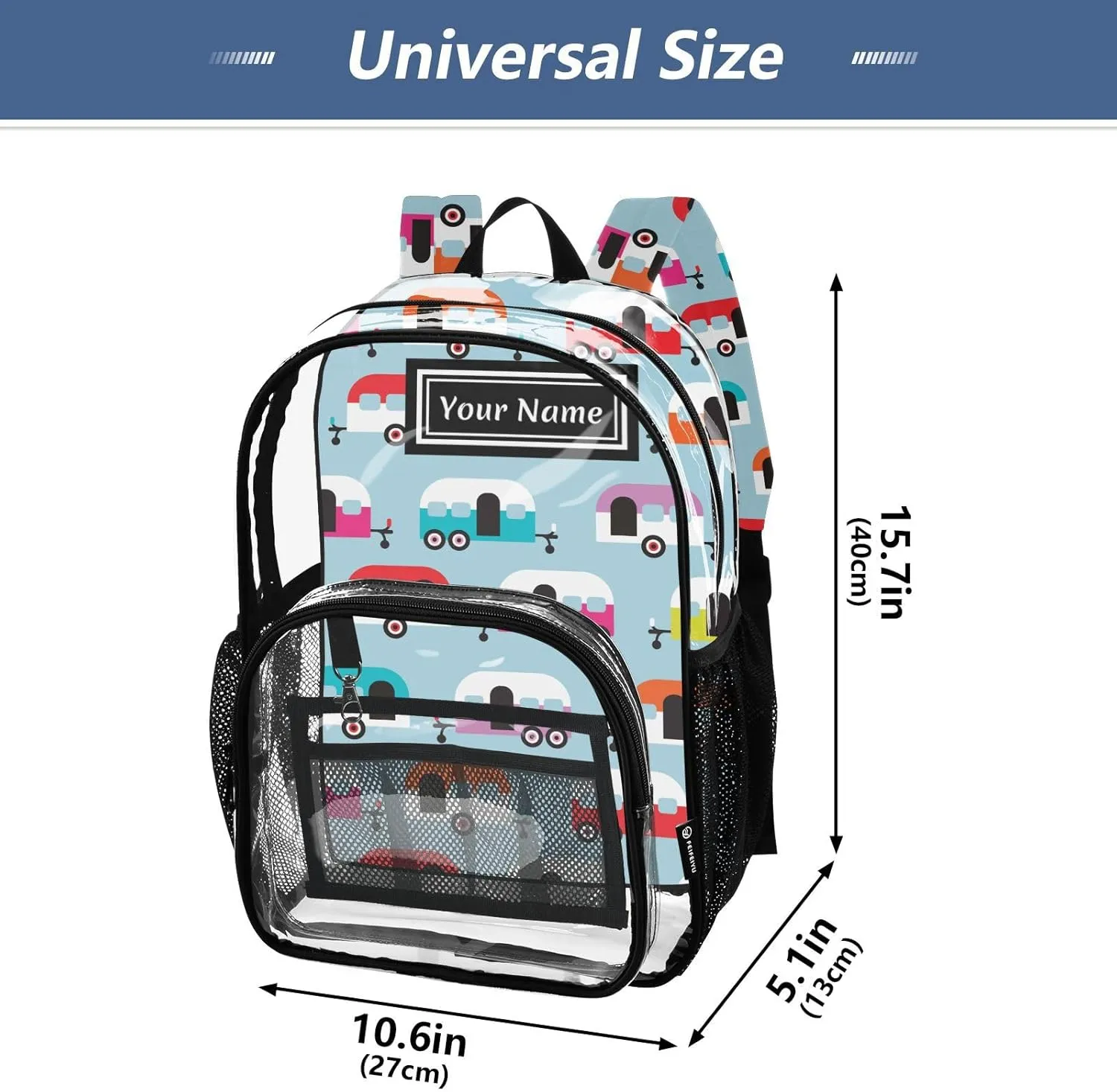 Personalized Clear Backpacks for Girls Boys Women Men Happy Camper Caravan Custom Name PVC Transparent Bookbag for Schools Stadium Concerts Work