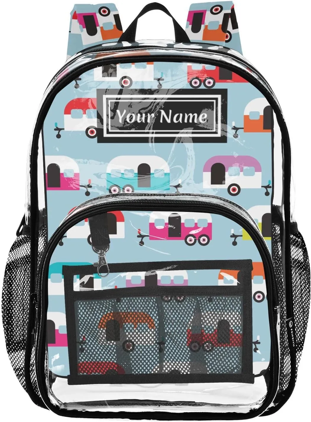 Personalized Clear Backpacks for Girls Boys Women Men Happy Camper Caravan Custom Name PVC Transparent Bookbag for Schools Stadium Concerts Work