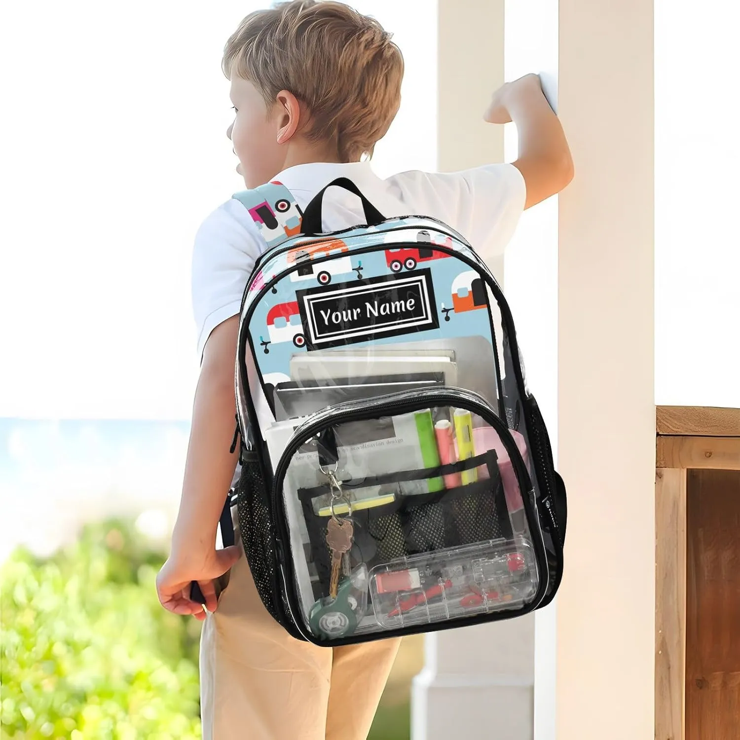 Personalized Clear Backpacks for Girls Boys Women Men Happy Camper Caravan Custom Name PVC Transparent Bookbag for Schools Stadium Concerts Work