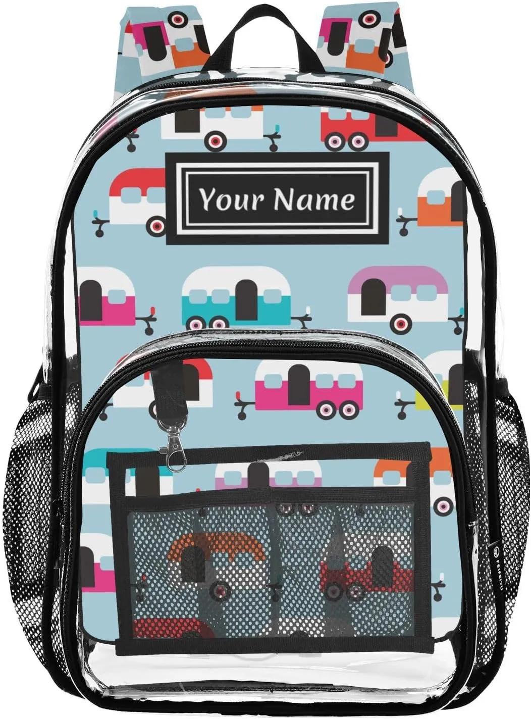 Personalized Clear Backpacks for Girls Boys Women Men Happy Camper Caravan Custom Name PVC Transparent Bookbag for Schools Stadium Concerts Work