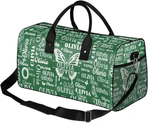 Personalized Gymnastics Gym Bag, Custom Name Large Sport Duffel Bag Weekender Bag Travel Duffel Bag, Forest Green with Butterflies Names on Bag