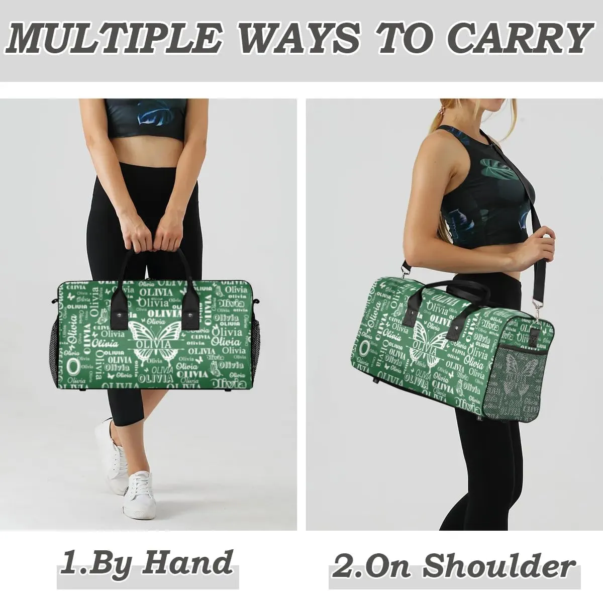 Personalized Gymnastics Gym Bag, Custom Name Large Sport Duffel Bag Weekender Bag Travel Duffel Bag, Forest Green with Butterflies Names on Bag