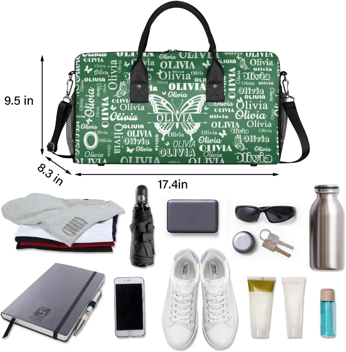 Personalized Gymnastics Gym Bag, Custom Name Large Sport Duffel Bag Weekender Bag Travel Duffel Bag, Forest Green with Butterflies Names on Bag