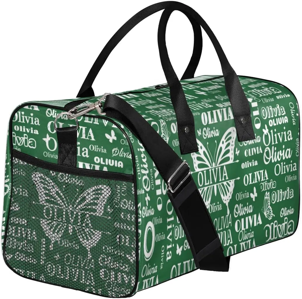 Personalized Gymnastics Gym Bag, Custom Name Large Sport Duffel Bag Weekender Bag Travel Duffel Bag, Forest Green with Butterflies Names on Bag