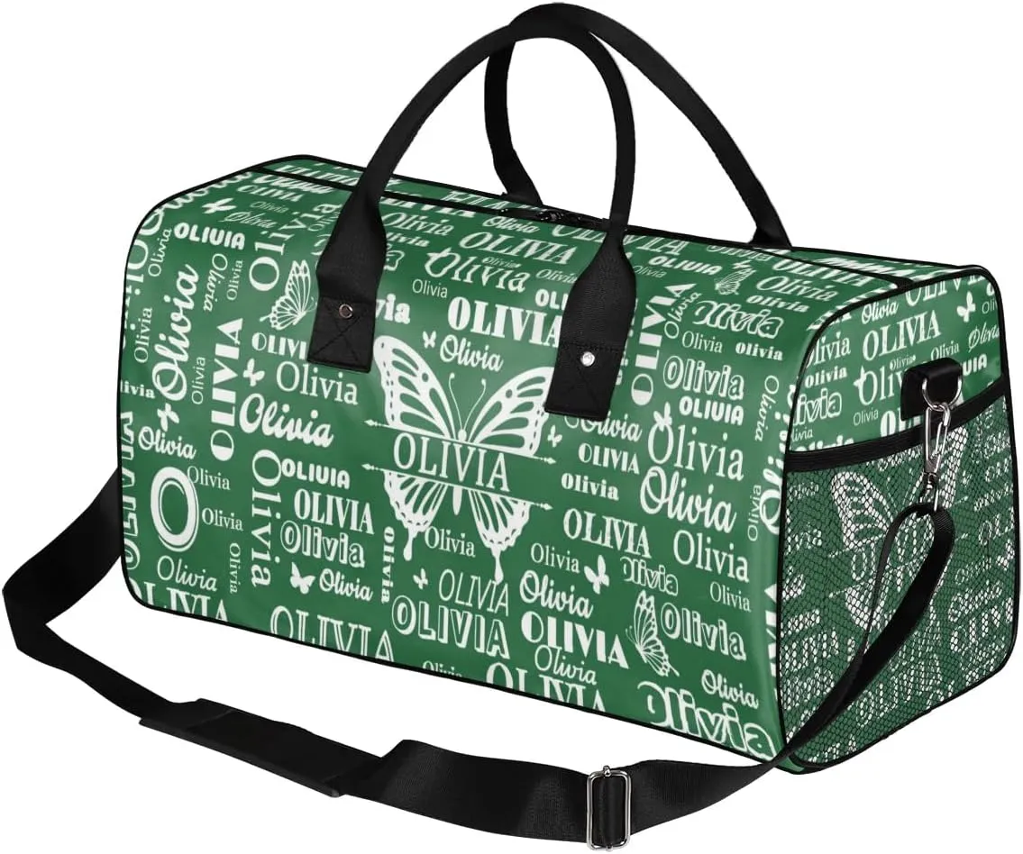 Personalized Gymnastics Gym Bag, Custom Name Large Sport Duffel Bag Weekender Bag Travel Duffel Bag, Forest Green with Butterflies Names on Bag