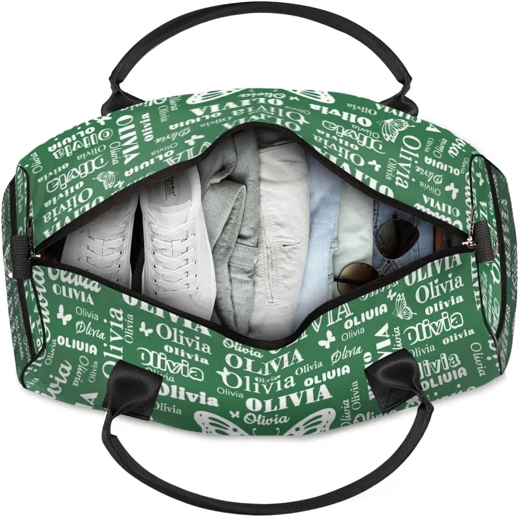 Personalized Gymnastics Gym Bag, Custom Name Large Sport Duffel Bag Weekender Bag Travel Duffel Bag, Forest Green with Butterflies Names on Bag