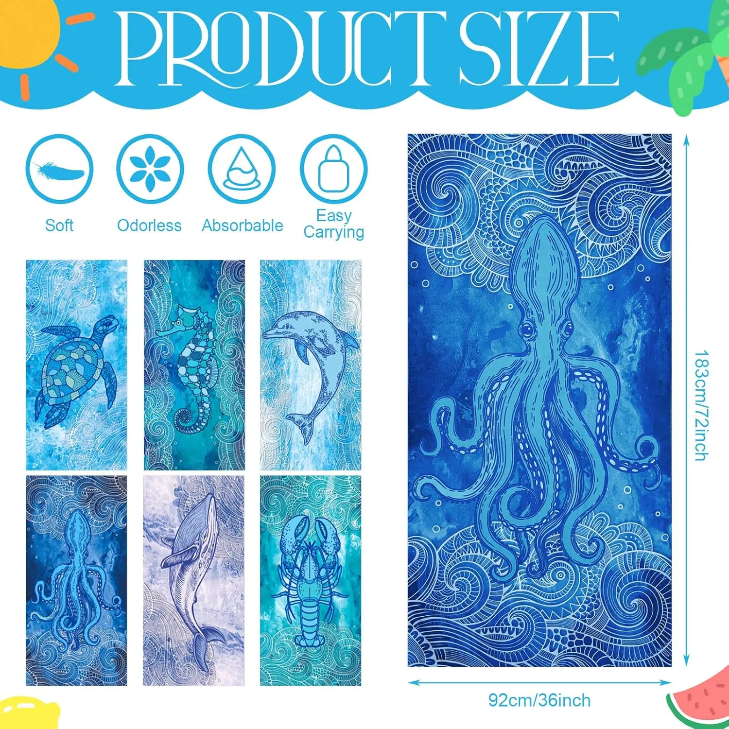 Peryiter 6 Pcs 72 x 36 Inch Oversized Beach Towels Set Quick Dry Pool Towels Absorbent Camping Travel Blankets Set for Women Men Bath Beach(Blue Series,Ocean Style)