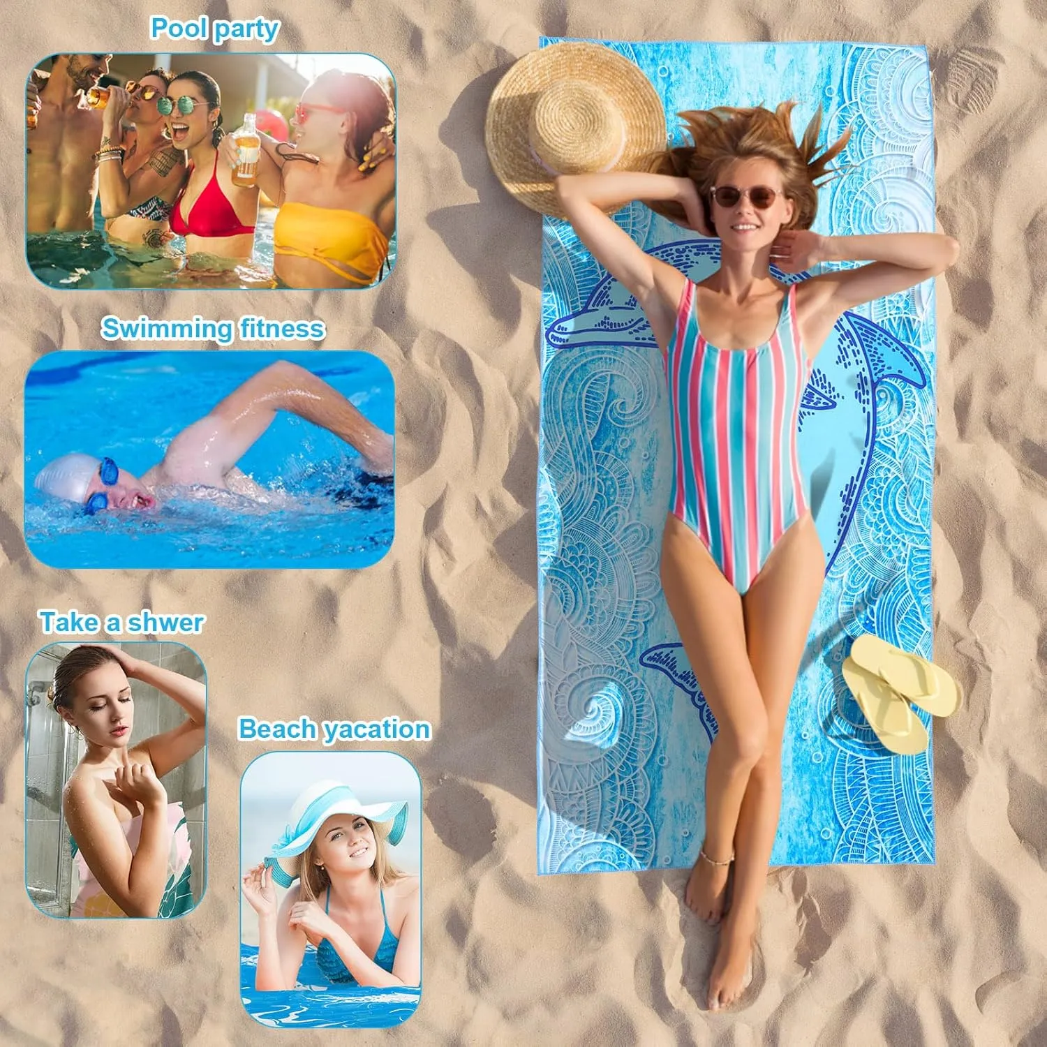 Peryiter 6 Pcs 72 x 36 Inch Oversized Beach Towels Set Quick Dry Pool Towels Absorbent Camping Travel Blankets Set for Women Men Bath Beach(Blue Series,Ocean Style)