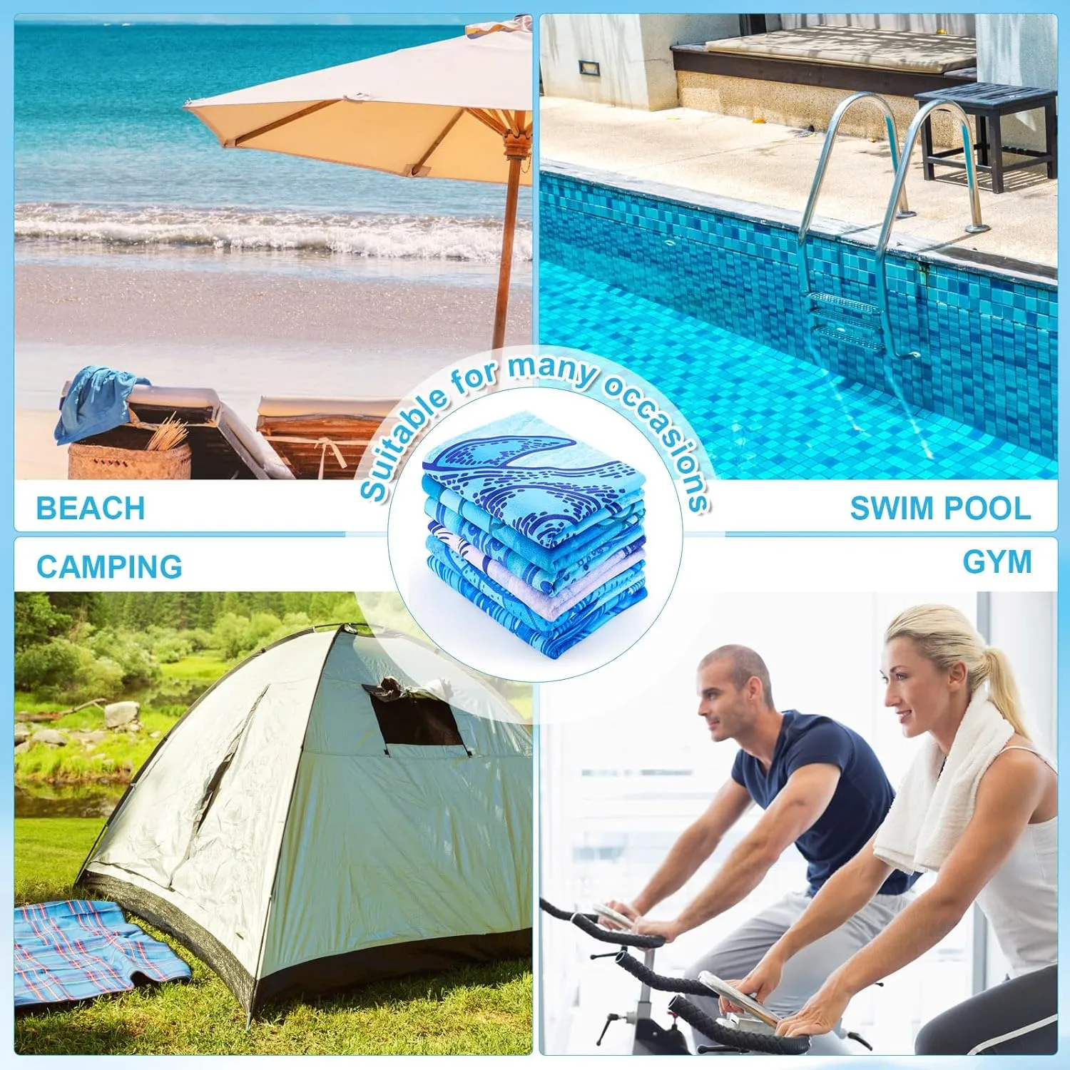 Peryiter 6 Pcs Oversized Microfiber Beach Towels 59 x 28 Inch Large Quick Dry Pool Towels Absorbent Camping Travel Blanket Set for Women Men Bath Beach(Light Blue Series,Marine Style)
