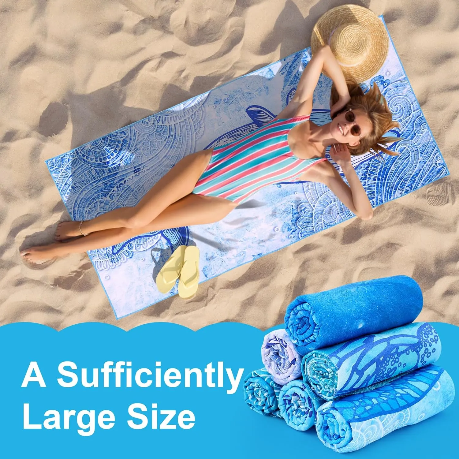 Peryiter 6 Pcs Oversized Microfiber Beach Towels 59 x 28 Inch Large Quick Dry Pool Towels Absorbent Camping Travel Blanket Set for Women Men Bath Beach(Light Blue Series,Marine Style)