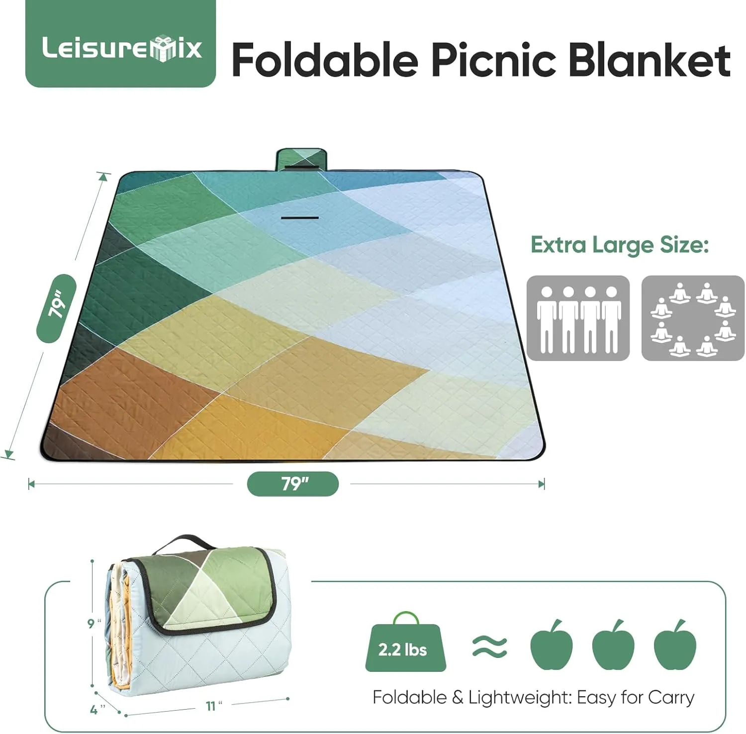Picnic Blanket Waterproof Extra Large 79"x79" 210D Oxford Outdoor Blanket for Grass Portable Sand Proof Beach Blanket for 6-8 Adults (Nature Palette)