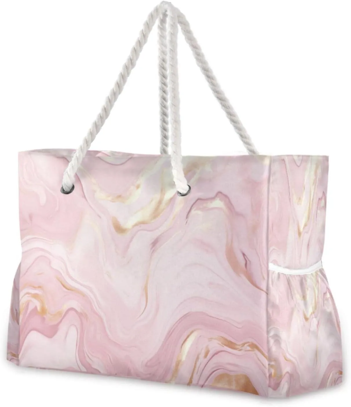 Pink Gold Marble Beach Tote Bag for Women Large Pool Bags Carry On Bag With Wet Compartment for Beach Travel with Pocket Zipper Outdoor Tote Bag