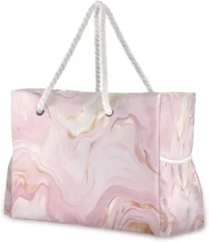 Pink Gold Marble Beach Tote Bag for Women Large Pool Bags Carry On Bag With Wet Compartment for Beach Travel with Pocket Zipper Outdoor Tote Bag