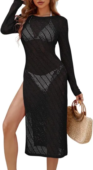 Pink Queen Swimsuit Coverup for Women 2025 Crochet Long Sleeve Hollow Out Mesh Knit Beach Cover Up
