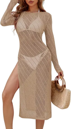 Pink Queen Swimsuit Coverup for Women 2025 Crochet Long Sleeve Hollow Out Mesh Knit Beach Cover Up