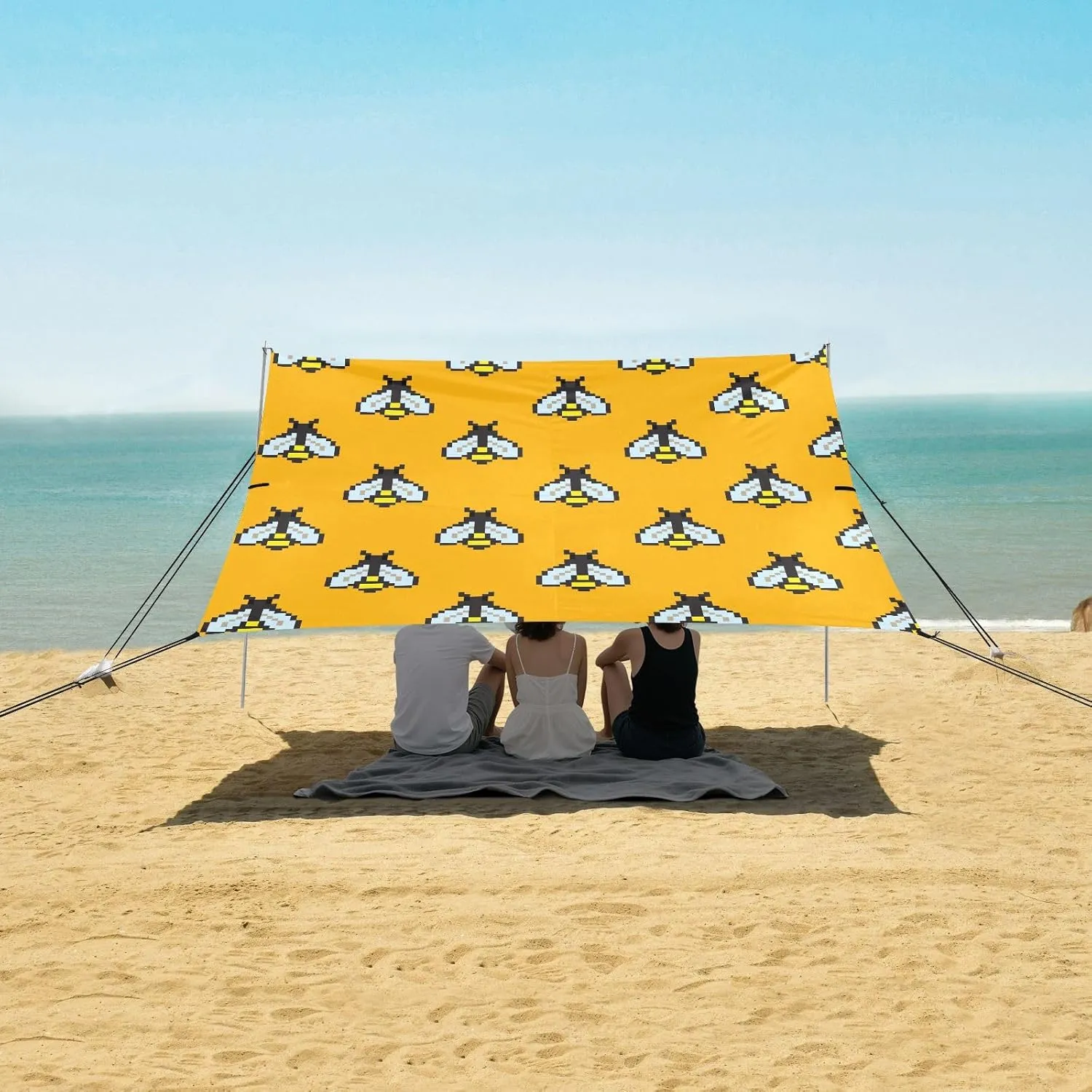 Pixel Art Bee Seamless Pattern Beach Canopy Tent Anti-UV & Wind Resistant, Camping Sun Shelter Easy Setup Portable,Outdoor Shade Tents with Sandbags,Sand Shovels,Ground Pegs & Stability Poles