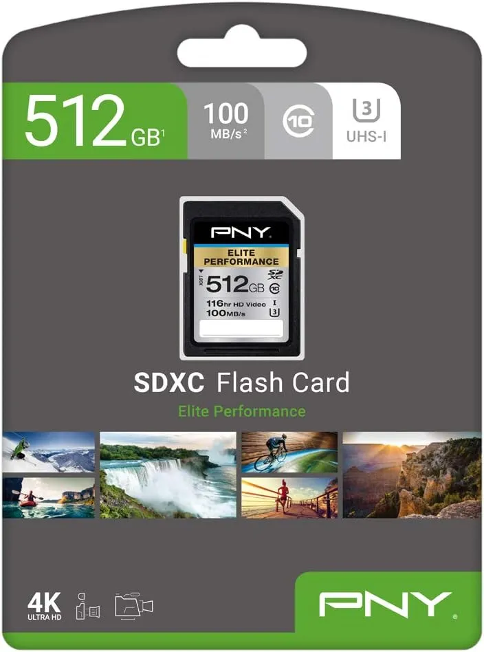 PNY 512GB Elite Performance Class 10 U3 SDXC Flash Memory Card - 95MB/s, Class 10, U3, 4K UHD, Full HD, UHS-I, Full Size SD