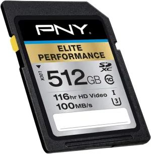 PNY 512GB Elite Performance Class 10 U3 SDXC Flash Memory Card - 95MB/s, Class 10, U3, 4K UHD, Full HD, UHS-I, Full Size SD