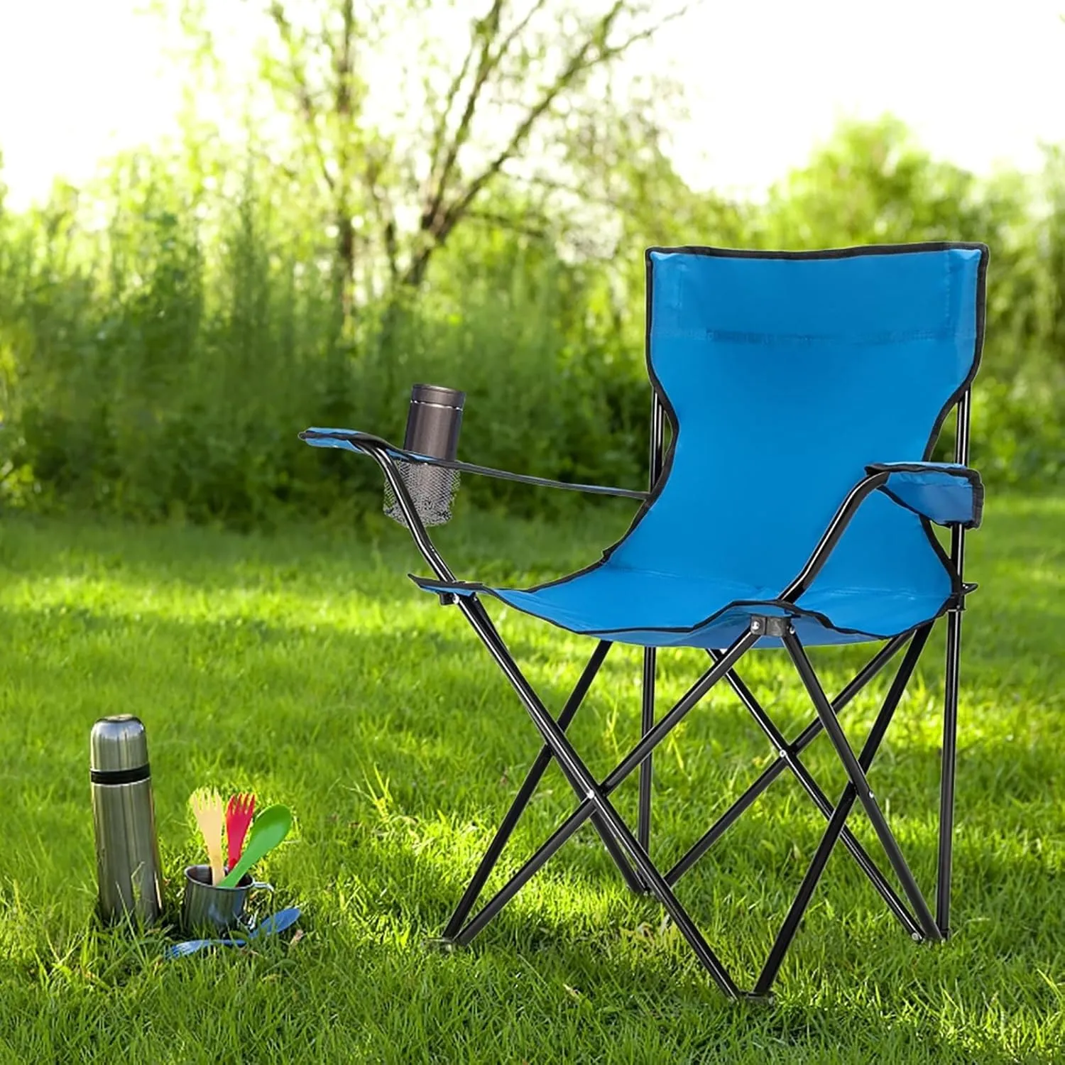 Portable Folding Camping Chair with Cup Holder, Lightweight Lawn Chair, 230LBS Capacity, for Picnic, Sports, and Outdoor Activities(Blue)