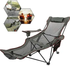 Portable Lounge Folding Beach Chair Camping Reclining Positions Chaise Pillow Grey