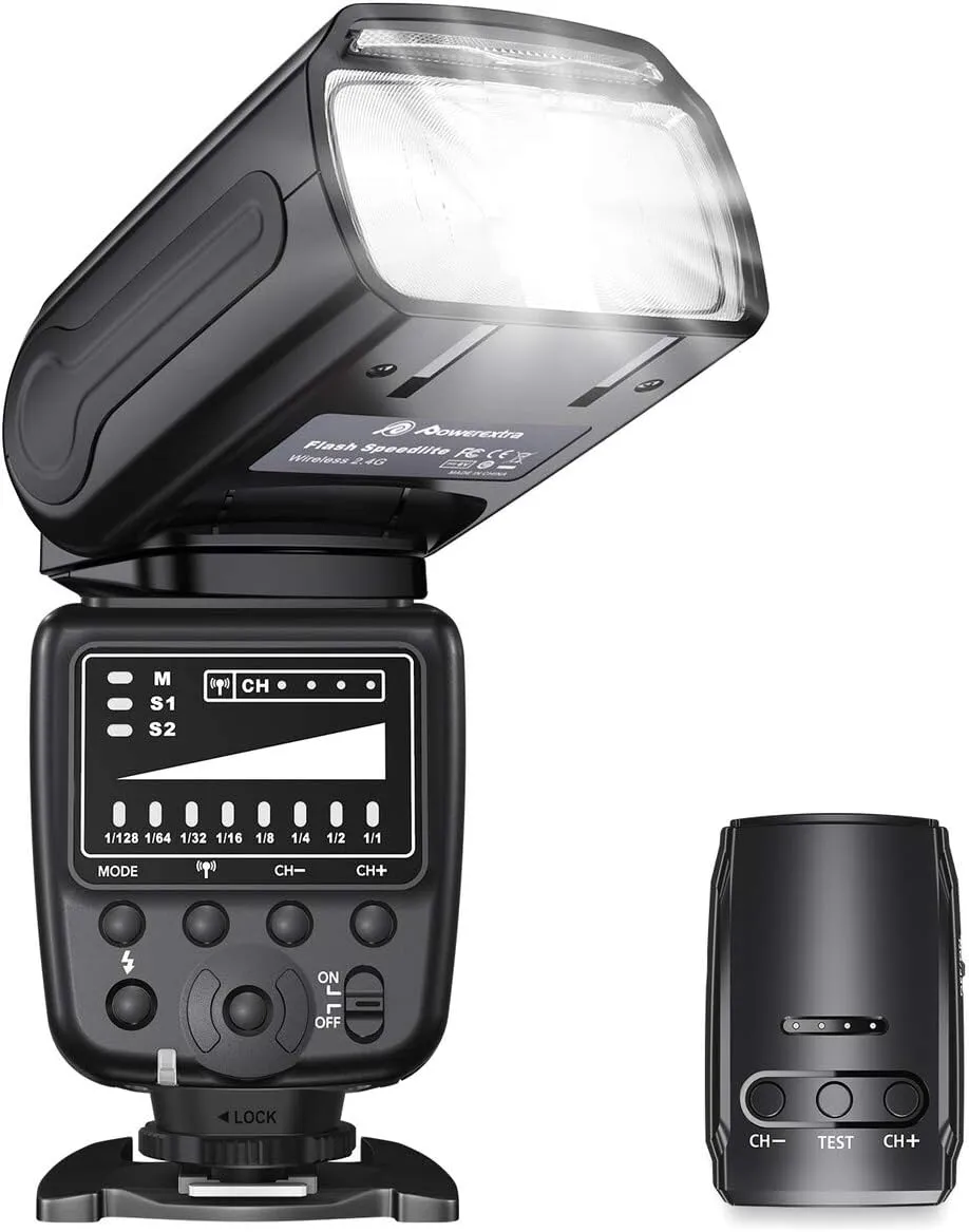 Powerextra Flash Speedlite, 2.4G Wireless Flash Trigger Transmitter Kit for CA Nikon Panasonic Olympus Pentax and Sony DSLR Camera, Digital Cameras with Standard Hot Shoe