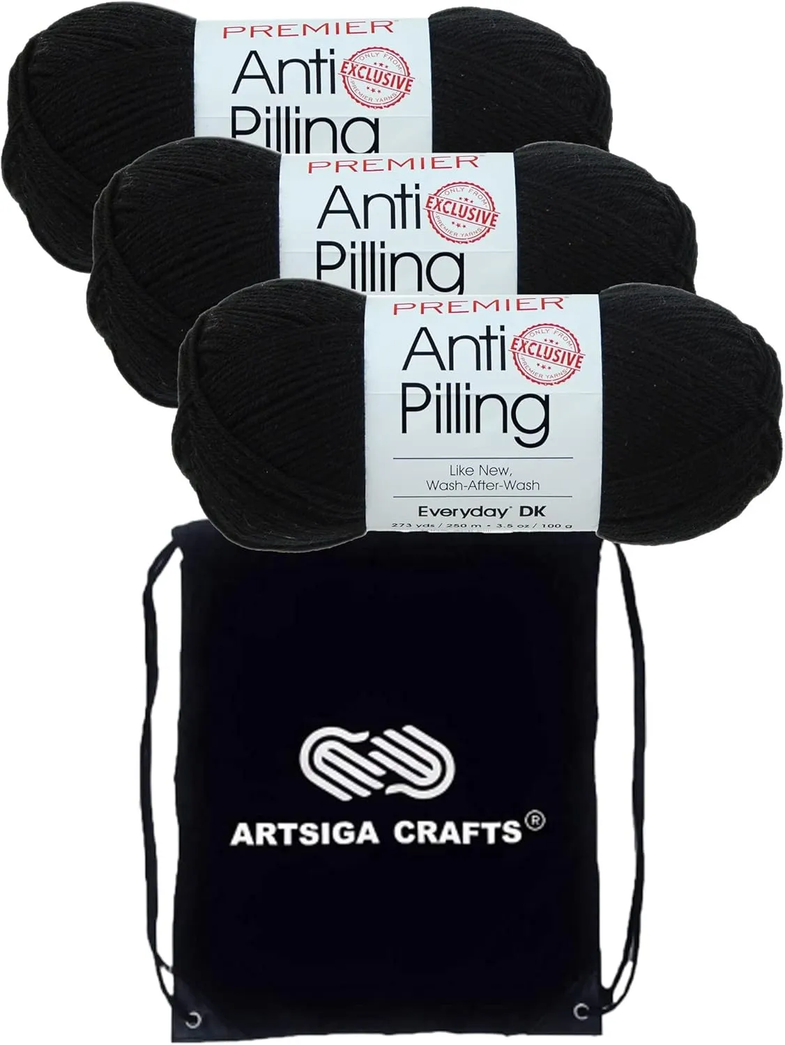 Premier Yarns Anti-Pilling Everyday DK Black 1107-26 (3-Skeins - Same Dye Lot) DK Light Worsted #3 Anti-Pilling Acrylic Yarn for Crocheting and Knitting with Project Bag