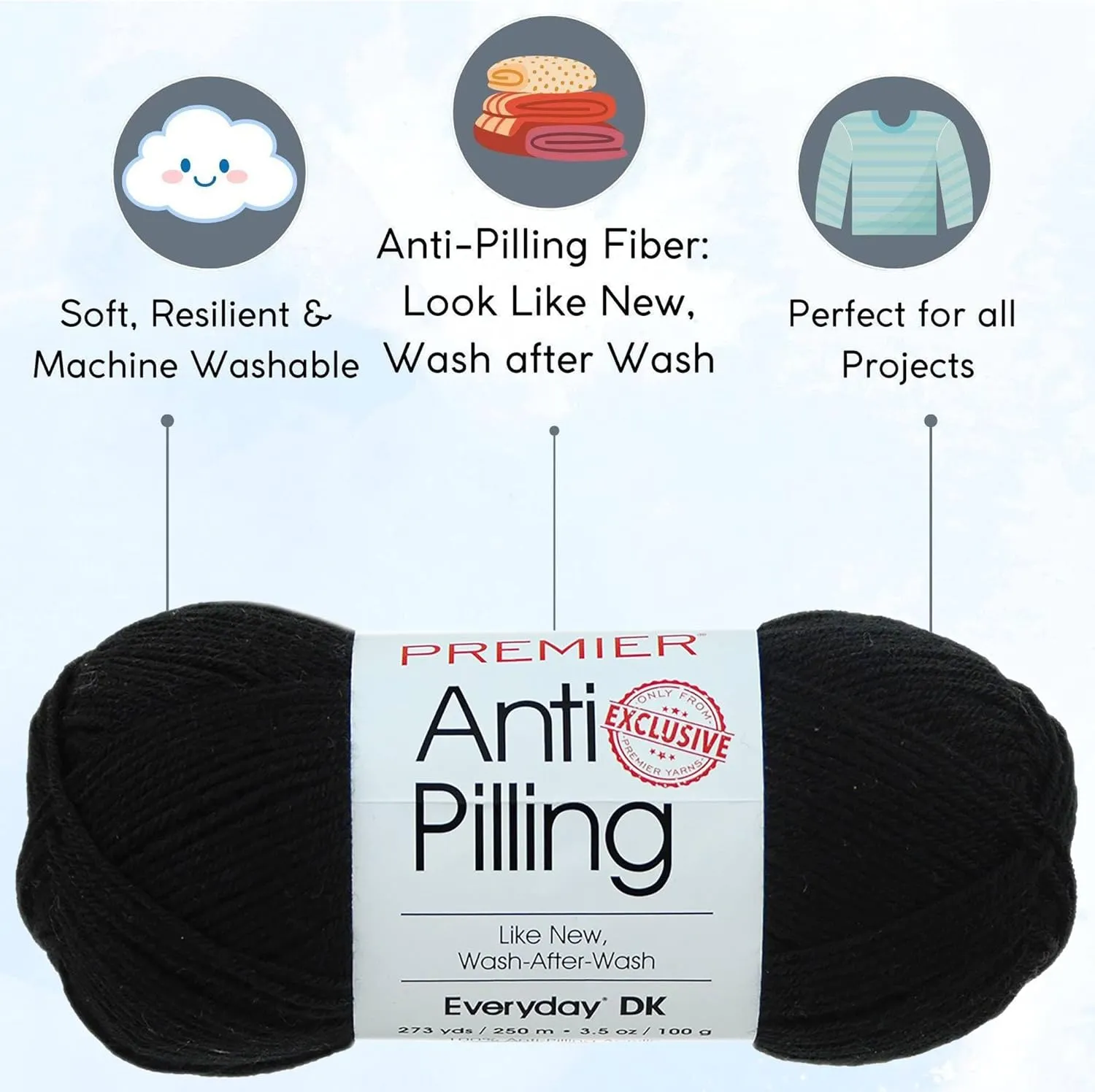 Premier Yarns Anti-Pilling Everyday DK Black 1107-26 (3-Skeins - Same Dye Lot) DK Light Worsted #3 Anti-Pilling Acrylic Yarn for Crocheting and Knitting with Project Bag