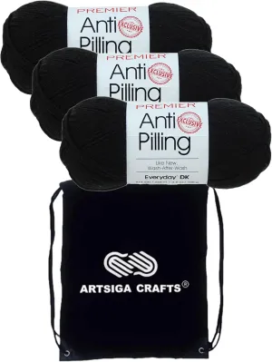 Premier Yarns Anti-Pilling Everyday DK Black 1107-26 (3-Skeins - Same Dye Lot) DK Light Worsted #3 Anti-Pilling Acrylic Yarn for Crocheting and Knitting with Project Bag